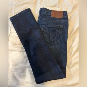 True Religion Victoria Mid Rise Dark Blue Distressed Skinny Jeans